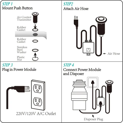 Vista 9 de BESTILL Kit de interruptor de aire para eliminación de basura, certificación UL, botón largo superior del fregadero con cubierta de latón, negro