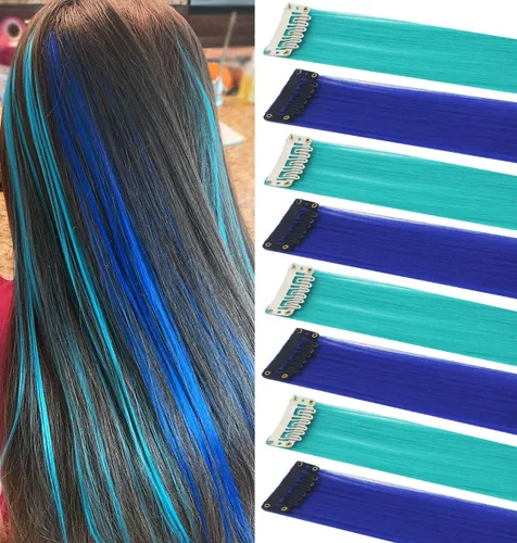 Vista 2 de Extensiones de cabello con clip de colores, 8 piezas de cabello sintético liso con reflejos azules y verde azulado