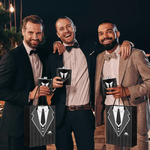 Vista 6 de Bokon 48 piezas de regalos para padrinos de boda para hombres, frasco de esmoquin de acero inoxidable, para padrinos de boda, anteojos de póquer