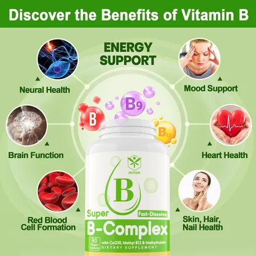 Vista 4 de Complejo de vitamina B sin azúcar con metil B12, metilfolato, B6, B1, B2, B3, suplemento de complejo B metilado de disolución rápida altamente