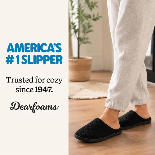 Vista 4 de Dearfoams - Pantuflas de espuma viscoelástica para mujer Leslie Terry con anchos amplios para interiores Tela de rizo negro.