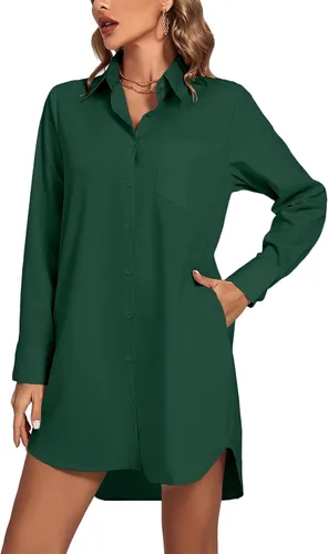 Vista 14 de LYANER Vestido camisero para mujer con cuello en V, botones, manga larga y dobladillo curvado
