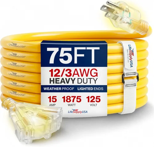 Vista 10 de Cable de extensión de 3 pies para exteriores/interiores, 3 tomas, calibre 12/3, extra resistente, 3 clavijas SJTW, impermeable, flexible, resistente