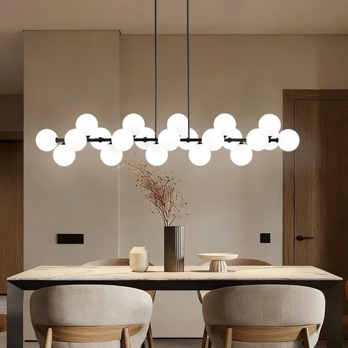 Vista 13 de Candelabro lineal negro Sputnik de 70 pulgadas, lámpara de comedor con 22 luces, globo de vidrio, lámpara lineal ahumada para granja, sala de estar