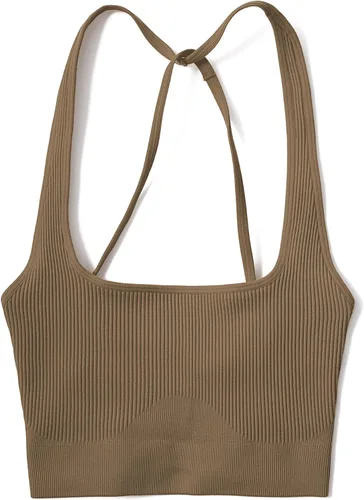 Vista 6 de OMKAGI Conjunto de entrenamiento acanalado para mujer, sin costuras, brasier deportivo con tiras y levantamiento de glúteos