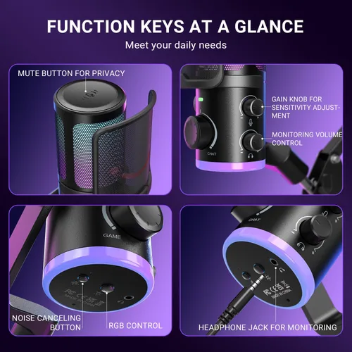 Vista 6 de FIFINE Kit de micrófono de transmisión USB para juegos, micrófono de condensador con RGB, cancelación de ruido, Dial de juego/chat Plug & Play