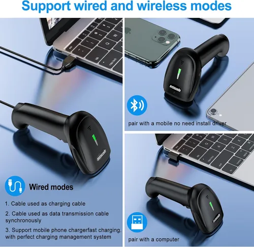 Vista 2 de Symcode Escáner de Código de Barras Inalámbrico 2D, Bluetooth6.0 y Inalámbrico2.4G y Conexión USB por Cable, Escáner Lector de Códigos de Barras QR