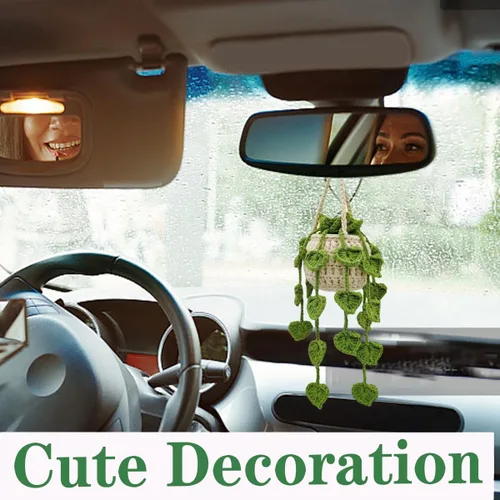 Vista 3 de Adorno para colgar en automóvil, lindo adorno de planta de ganchillo para espejo retrovisor, decoración de espejo retrovisor tejido a mano