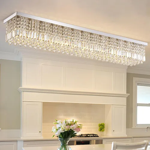 Vista 14 de Candelabros Modernos de Cristal para Lámpara de Comedor, Candelabro de Techo Rectangular Dorado de 6 Luces para Isla de Cocina y Sala de Estar