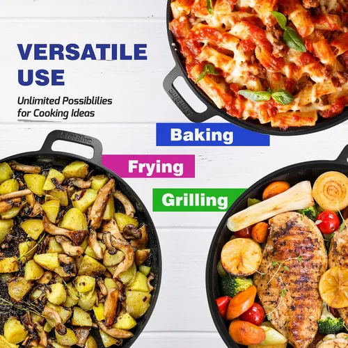 Vista 5 de Sartén de Pizza Redonda/Plancha de Hierro Fundido de 16 Pulgadas por StarBlue con Asas de Silicona GRATIS y Libro Electrónico de 30 Recetas – Comal