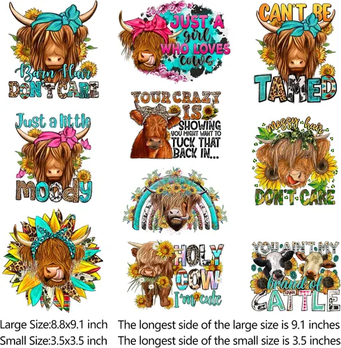 Vista 10 de 20 hojas de calcomanías para planchar para camisetas de transferencia de calor para ropa Iron On Transfers Vinyl Sticker Washable Cow Design Heat