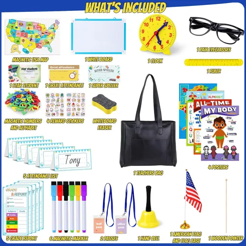 Vista 3 de Juegos de simulación escolar de Gifts2U para niños - Con bolsa de maestra, pizarra, reloj educativo, carteles educativos y suministros de juguetes