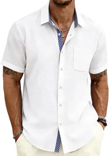 Vista 10 de Camisas con botones para hombre, manga corta, casual, verano, playa, vacaciones, boda, con bolsillo
