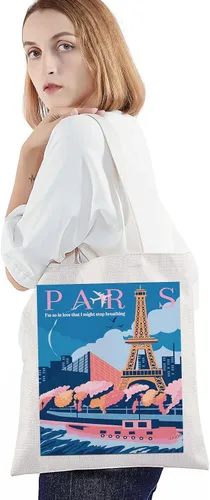 Vista 2 de BWWKTOP Bolsa de lona de París, regalo de viaje de París y bolsa de comestibles reutilizable