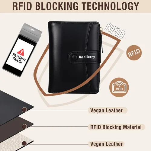 Vista 7 de Cartera pequeña para mujer, billetera de cuero plegable con bloqueo RFID, bolsillo con cremallera, ventana de identificación para mujeres y niñas