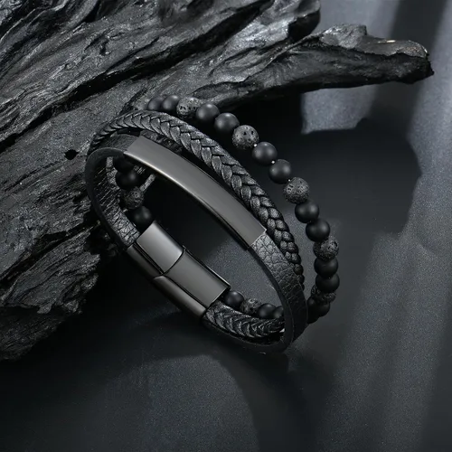 Vista 4 de Pulsera de cuentas de piedra volcánica de piedra volcánica de ónix negro y ojo de tigre mate para hombre, pulsera de cuero trenzado negro para hombre