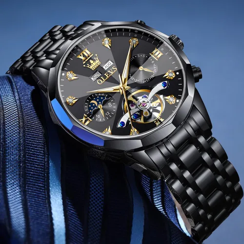 Vista 5 de OLEVS - Reloj Automático de Lujo para Hombre con Diamante, Automático, Multifuncional, Calendario, de Acero Inoxidable, Impermeable, Luminoso