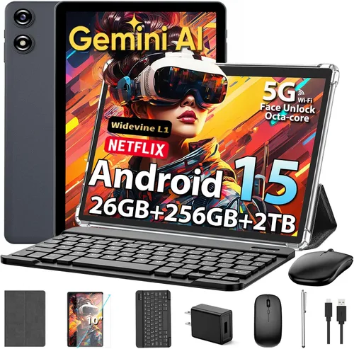 Vista 10 de 2026 Tablet de 10 pulgadas, tableta Android 15 con teclado, 26GB+256GB+2TB Negro
