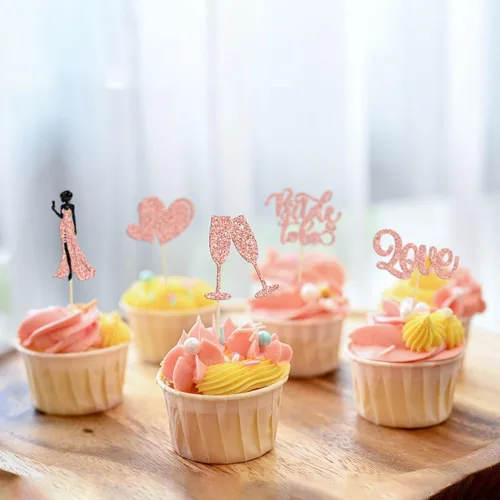 Vista 6 de 30 piezas de decoración para cupcakes con purpurina champán y corazón, para despedida de soltera, bodas, compromisos, despedidas de soltera, Oro Rosa