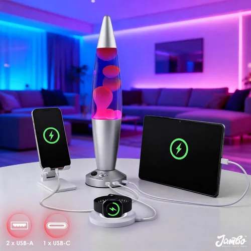Vista 2 de Jambo - Lámpara de movimiento mejorada de 16" azul líquida, cera púrpura - Puertos USB, temporizador - Lámpara nocturna para adultos, adolescentes