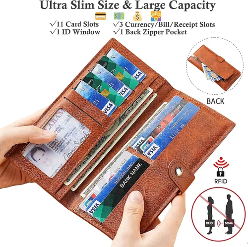 Vista 2 de Cartera delgada RFID para mujer, cartera delgada para mujer, tarjetero de cuero plegable con bolsillo con cremallera para ventana de identificación