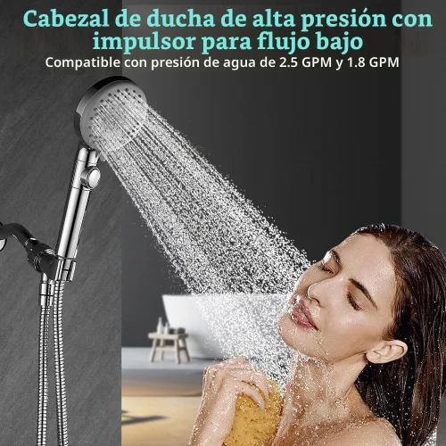 Vista 8 de Cabezal de ducha de mano con manguera extra larga de 79 pulgadas, 7 modos, cabezal de ducha de alta presión con botón de encendido y apagado y Cromo