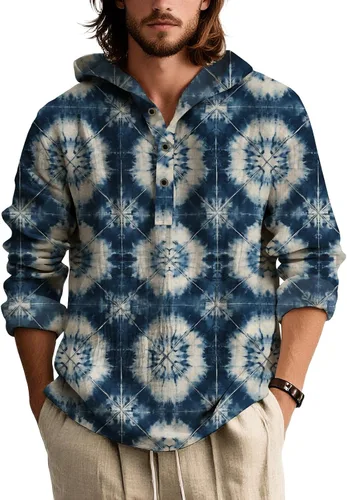 Vista 9 de Camisas de manga larga con estampado de teñido anudado para hombre, sudadera con capucha de 3 botones, sudadera retro cómoda con capucha