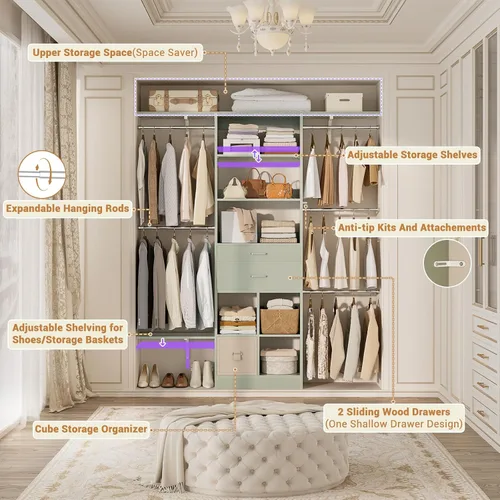 Vista 2 de Sistema de armario pequeño de 5 pies, sistema organizador de armario para bebés con cajones de madera, sistema de vestidor de 60 pulgadas con 5