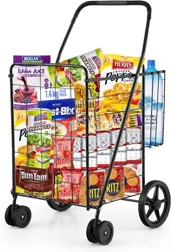 Vista 7 de Goplus Carrito de compras plegable jumbo con ruedas giratorias, carrito de compras plegable sobre ruedas con doble cesta, carrito de utilidad