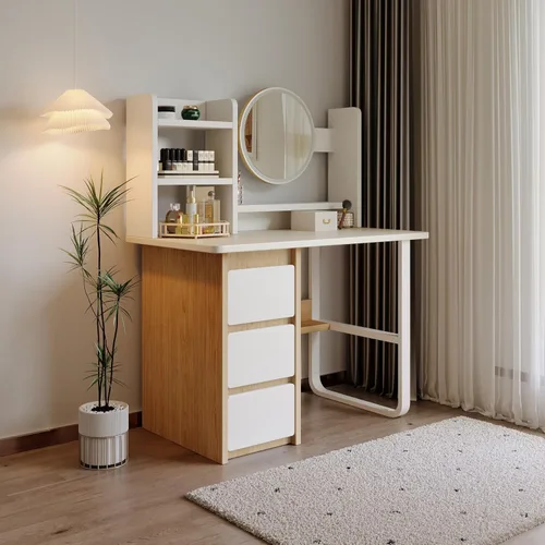 Vista 7 de Tocador de construcción resistente con tablero de 0.59 pulgadas de grosor, 3 en 1, multifuncional, con espejo ajustable y luces LED, mesa de noche