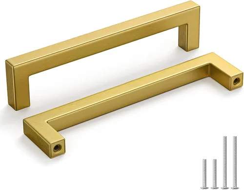 Vista 22 de Homdiy Paquete de 30 tiradores de bronce cepillado dorado de 3- 1/2 pulgada, cuadrados, herrajes para gabinete de cocina, armarios; 3- 1/2 pulgadas