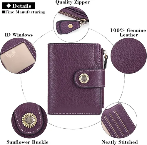 Vista 5 de FALAN MULE Cartera pequeña para mujer, de piel auténtica, plegable, compacta, pequeña, con bloqueo RFID, Púrpura, Casual