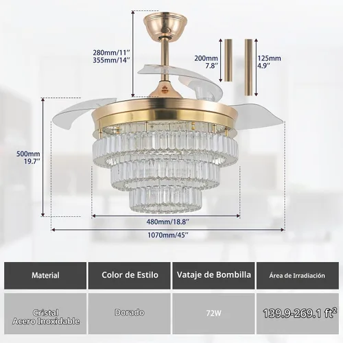 Vista 3 de CLAIRDAI Ventilador de techo de 42" de oro con candelabro de cristal y luces con APP y control remoto, lámparas regulables, 3 cambios