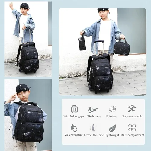 Vista 3 de Mochilas con ruedas para niños, equipaje para niños, bolsas con ruedas para niños, bolsas escolares, bolsas espaciales, cielo estrellado, bolsa