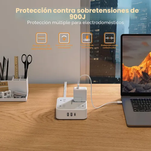 Vista 4 de [Usado] TESSAN - Tira de alimentación con protector de sobretensiones, enchufe plano, cable de extensión largo de 10 pies con 8 salidas, 3 puertos