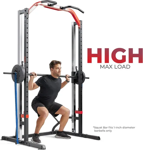 Vista 3 de Sunny Health & Fitness - Estante de potencia prémium para máquina de sentadillas, alta capacidad de carga, altura ajustable, barra de dominadas