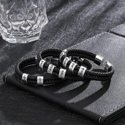 Vista 4 de Pulsera trenzada negra personalizada para hombre, pulsera personalizada con 1-8 cuentas personalizadas, nombres de la familia, joyería para hombres