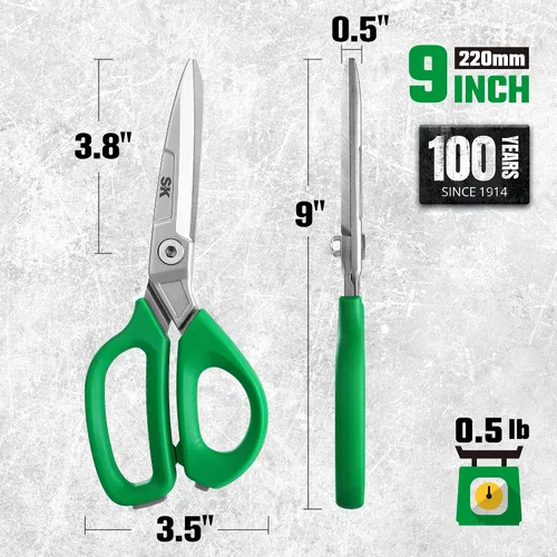 Vista 4 de SK - Tijeras resistentes de 9 pulgadas, tijeras multiusos, construcción premium de acero CR-V, hojas forjadas de una sola pieza, mango ergonómico