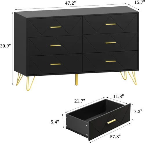 Vista 2 de JOZZBY Cómoda para dormitorio, cómoda de madera negra de 6 cajones con asas doradas, cómodas de almacenamiento modernas y cómodas para pasillo