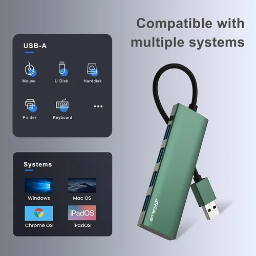 Vista 5 de Concentrador USB, Concentrador USB 3.0 de Aleación de Aluminio Ultra Delgado Divisor USB, Extensor USB Portátil de 4 Puertos, Concentrador USB