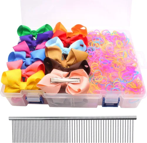 Vista 17 de YOY 20 adorables lazos para el pelo de perro con clips y 1000 bandas de goma y 1 peine de acero para peluquería, nudo superior de cachorro, moño