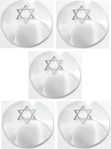 Vista 5 de Kippah de satén blanco para hombres y niños, Kippa judía tradicional, 7.9-8.3in, hermoso kipah de satén blanco, sombrero Yamaka judío, paquete de 5