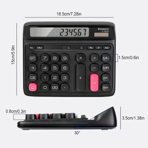 Vista 3 de Comix Calculadora de escritorio con pantalla LCD grande de 12 dígitos, batería solar de doble alimentación, calculadora básica con teclas grandes