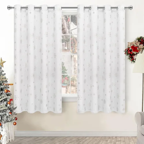 Vista 21 de FRAMICS Cortinas de Navidad con estampado de copos de nieve dorados en papel de aluminio, cortinas opacas con aislamiento térmico para sala de estar
