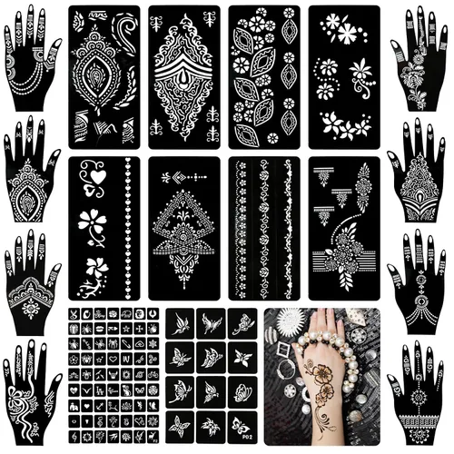 Vista 8 de Koogel Kit de plantillas de tatuaje de henna de 18 hojas, 97 plantillas de tatuaje con brillantina temporal para pintura facial y arte corporal