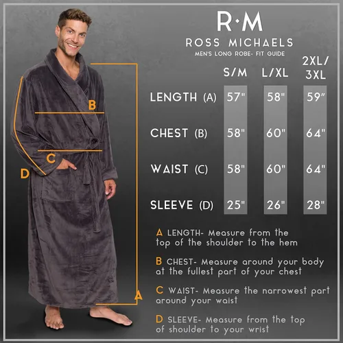 Vista 3 de Ross Michaels - Bata de baño para hombre de longitud completa, tallas Big y Tall, abrigo para el hogar, S-M, gris