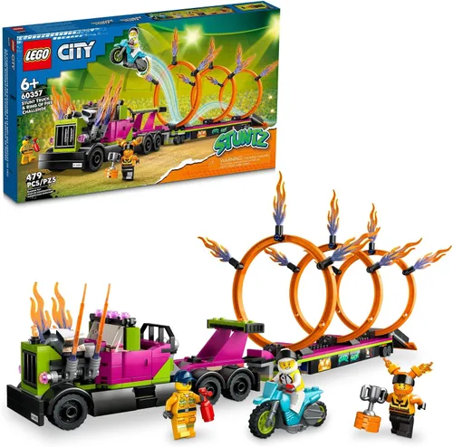 Vista 7 de LEGO City Stuntz Stunt Truck & Ring of Fire Challenge 60357 con juguete de motocicleta impulsado por volante y minifiguras, regalo divertido