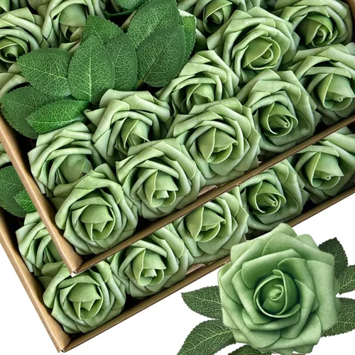Vista 35 de 25 piezas Flores Artificiales de Espuma Rosas Falsas con Tallos 8 Hojas Rosas Sintéticas de Aspecto Real para Ramos de Boda Centros de Mesa de Negro