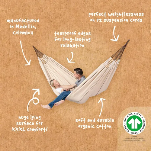 Vista 6 de LA SIESTA Modesta Hamaca de algodón orgánico para interiores y exteriores, dormitorio, patio, porche, patio, árbol, cama de tela extragrande, 2