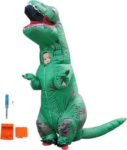 Vista 6 de Disfraz inflable de dinosaurio, impermeable con impresión clara para cosplay divertido (verde)